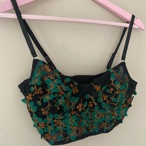 Floral Embroidered Black and Green Women's Top